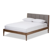 Baxton Studio Ember Mid-Century Light Grey Fabric and Medium Brown Finish Wood King Size Platform Bed